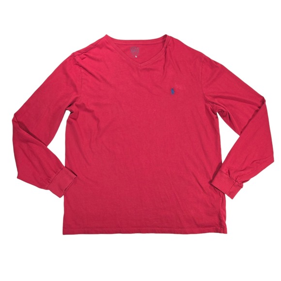 Polo Ralph Lauren T Shirt Men L Red V Neck Casual Preppy Long Sleeve - Picture 1 of 8